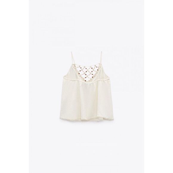 NWT Zara Beaded Macrame Knot & Fringe Cotton V-Neck Top in Ecru, Size XS - Picture 8 of 15